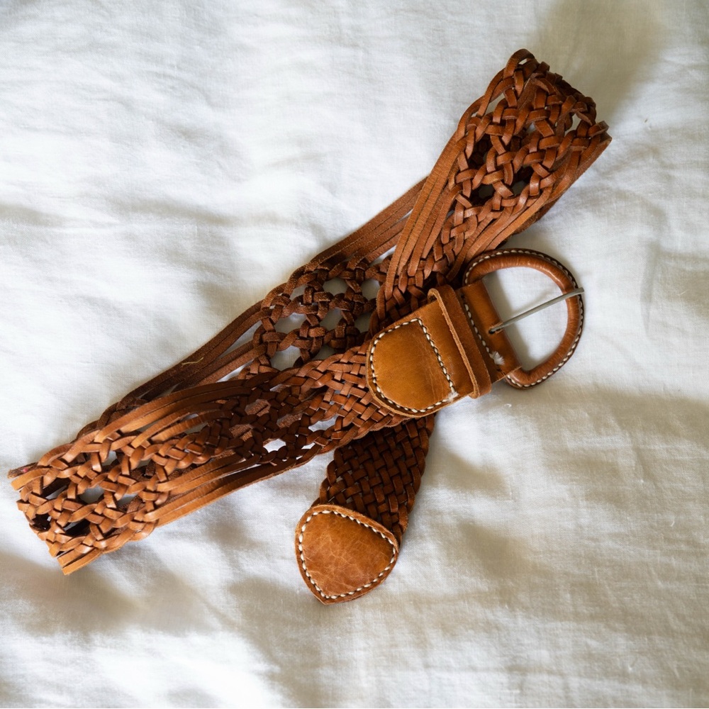 Vintage Woven Leather Belt Brown Braided Boho Waist Belt - Picture 2 of 2